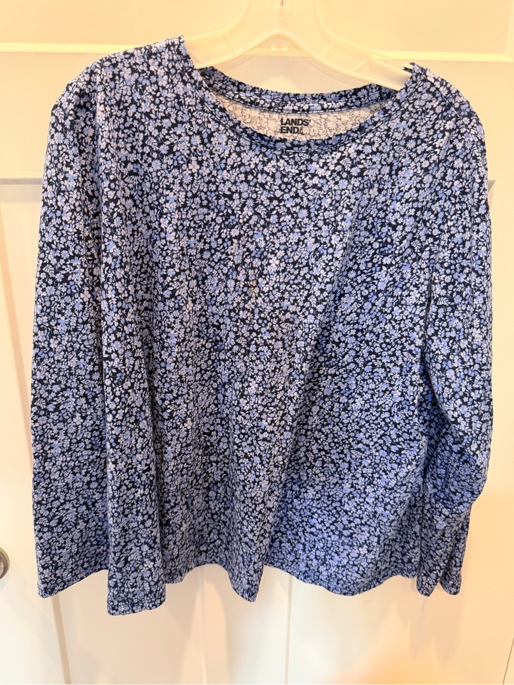 Lands’ End 1X Blue Ditsy Floral Cotton Long Sleeve Top Plus Size